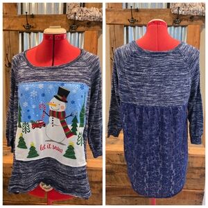 Upcycled Christmas Top Snowman S-M Navy Blue & Lace